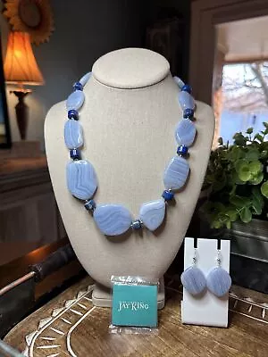 Mine Finds By Jay King Blue Lace Agate & Lapis Sterling Necklace & Earrings Set • $200