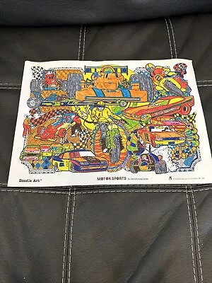 Vintage Doodle Art Coloring Poster Motor Sports Colored 1974 RARE 15x11 • $36.44