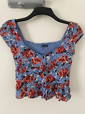 $8.54 • Buy Zara Summer Blue Red Floral Top Size M