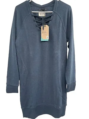 $49.99 • Buy Prana Cozy Up Terry Dress Nautical Blue Long Sleeve Lace Up Relaxed Hemp Small