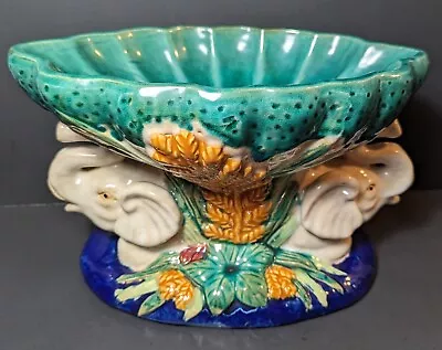 Vintage Italian Majolica Elephant Ceramic Pedestal Fruit Bowl Centerpiece 7x11  • $119.99