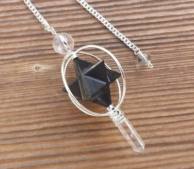 Natural Black Tourmaline Gemstone 3 Stone Merkaba Star Spinning Pendulum • £10.21