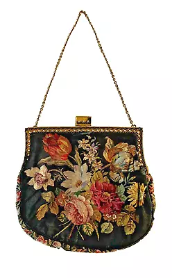 Antique Needlepoint Petit Point Floral Purse Hand Bag Lovely! • $95