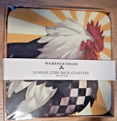 New Mackenzie Childs Sunrise Cork Back Rooster Coasters Set Of 4 • $32.50