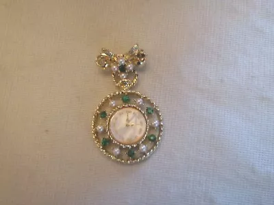 Vintage Gold Tone Emerald Rhinestone And Faux Pearl Clock Brooch • $11.95