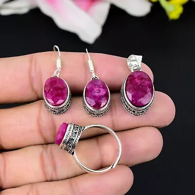 Kashmir Ruby Gemstone Handmade 925 Sterling Silver Jewelry Set For Birthday Gift • $15.29