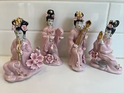 4 Vintage MCM Porcelain Asian Geisha Musicians Figurines Blossoms Pink Gold • $40