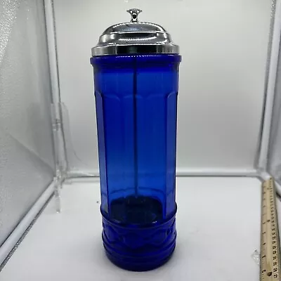 11” Vintage Cobalt Blue Glass & Chrome Straw Holder/ Dispenser  Made Taiwan • $25