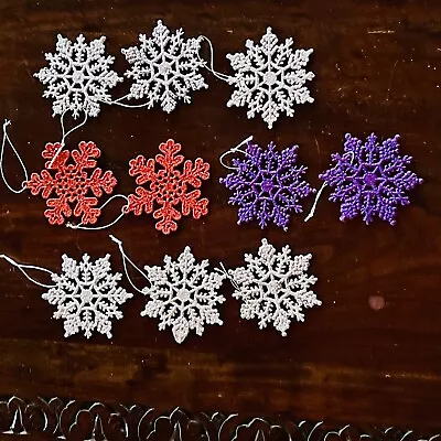 Set Of 10 Vintage Glittery Silver/Purple/Red 4  Christmas Snowflake Ornaments • $9.99