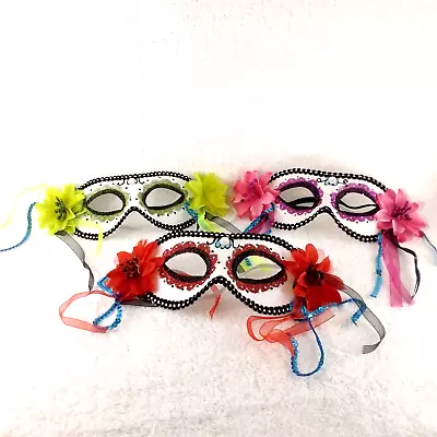 Masquerade Masks Set 3 Colorful Bright Adult Pink Red Green Floral Decor B4-2116 • $24.75