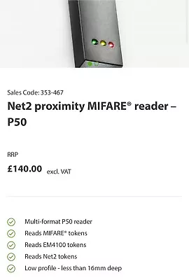 Paxton Net2 Mifare Proximity Reader P50 Model 353-467 RRP £168 • £65