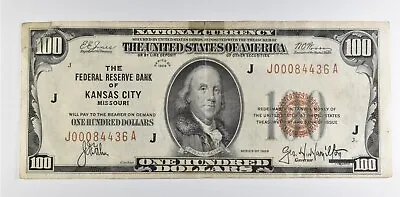 1929 $100 Kansas City MO US National Currency Note Brown Seal *8129 • $329
