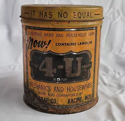 Vintage 4-U Soap Tin Can Wink Soap Co Mechanics Housewives Racine WI EMPTY • $15.99