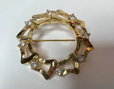 Vintage Monet Round Wreath Clear Rhinestone Gold Tone Pin Brooch Signed • $4.50