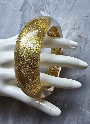 Fabulous Chunky Vtg Confetti Gold Glitter Lucite Bangle Bracelet Clear Domed Top • $24.95