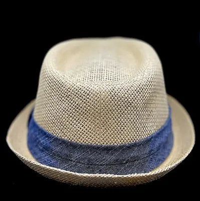 Men's Tan Straw Blue Ribbon Fedora Hat M/L • $18.99