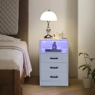 Nightstand With Wireless Charging & 3 Drawers Bedroom End Table Storage Cabinet • $75.90