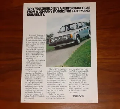 Volvo 242gt Print Ad Magazine Advertisement Performance Safety Company • $8.97