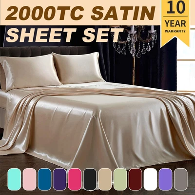 $25.64 • Buy 4PCS Silk Satin Sheet Set Single/Double/Queen/King Flat Fitted Pillowcase NEW