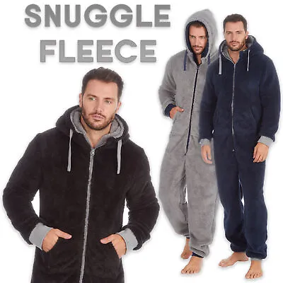 Mens Snuggle Fleece 1Onesie Jumpsuit Hooded Warm Nightwear Zipper S-XL Gift Idea • $30.24