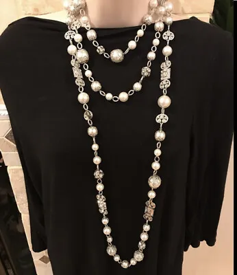 White House Black Market Amazing 3 Tier Pearl Crystal Silver Necklace-$78-nwot • $34.32