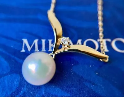 MIKIMOTO Finest Single Pearl Pearl 1P Diamond Leaf Motif Yellow Gold Necklace • $476.12