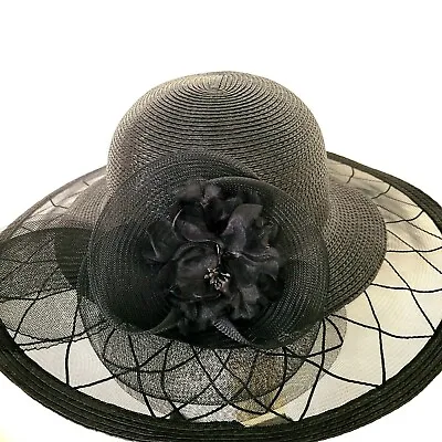 Lord Taylor Black Spring Summer Church Easter Hat Flower • $24