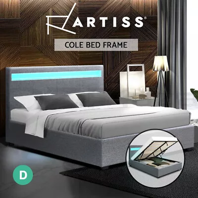 Artiss Bed Frame RGB LED Bedside Tables Double Queen King Size Gas Lift Storage • $292.95