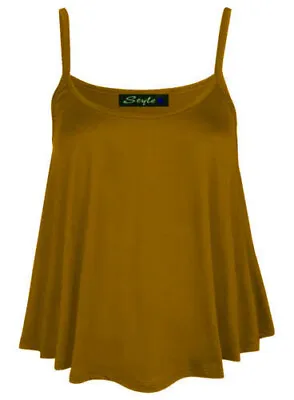 Womens Ladies Sleeveless Swing Vest Top Strappy Plain Flared Cami Size UK 8-26 • £7.99