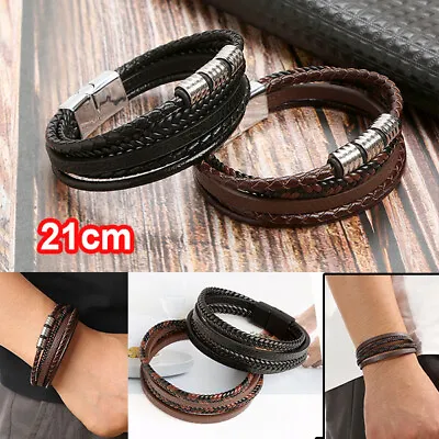 Mens Black Leather Bracelet Wristband Stainless Steel Clasp Jewellery UK Gift • £4.89