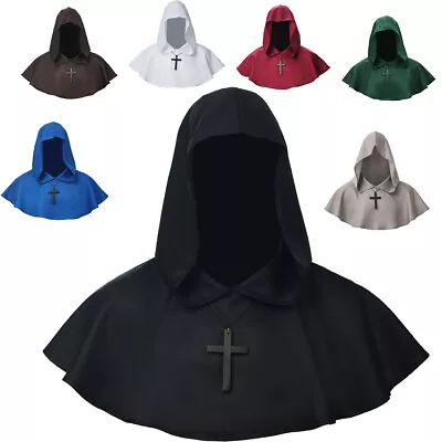 Unisex Medieval Cowl Hat Halloween Hooded 2 Colors Fancy Costume Cross Necklace • $11.99