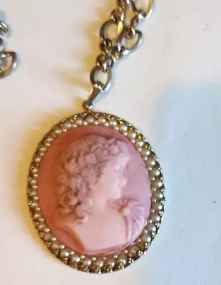 Vintage Pink Cameo Pendant Necklace 1.75  Silver Tone Faux Pearls • $3.99