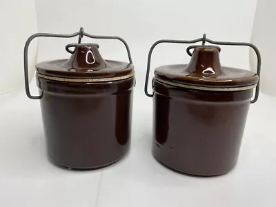 2 Brown Glazed Stonewear Storage Crocks W/ Wire Bale Locking Tops Farmhouse Vtg • $32.49