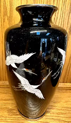 Vintage Japanese Enamel Cloisonne Vase With Herons Birds Black • $35