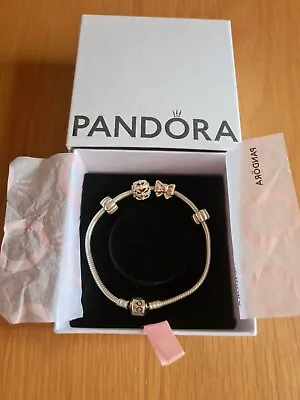 Pandora Sterling Silver Bracelet With 2 Charms & 2 Stoppers In Good Condition  • £55