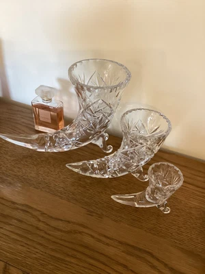 £65 • Buy Cornucopia Horn Of Plenty Hand Cut Lead Crystal W/ Germany Horn Set Of 3