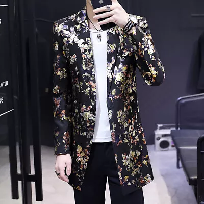 New Spring New Mens Fashion Floral Printed Mid-leng Ththin Jacket Slim Fit Coat • $49.29