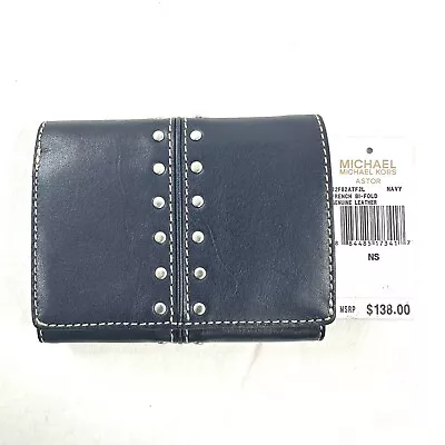 Michael Kors Astor Navy Blue Leather Medium French Bifold Wallet Studs NWT • $49.23