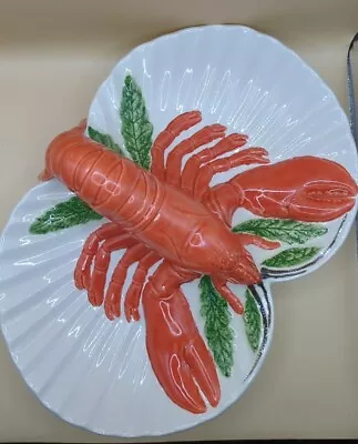 Vintage Oyster Plate Seafood Lobster Handle  Majolica Platter Holland Mold 1975 • $69.08
