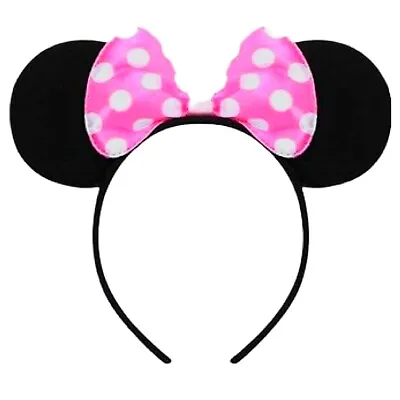 PINK BOW EARS MOUSE HEADBAND Spotted Bow Ladies Kids Girls Halloween Fun Party • £2.49