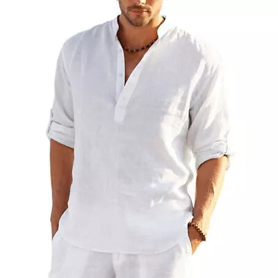 Mens Summer Linen Button T-Shirt Size Casual Loose Long Sleeve Blouse Tops Beach • $19.69