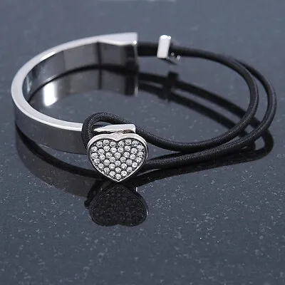£15.50 • Buy Clear Crystal Heart Bangle Bracelet With Black Silk Stretch Cord In Silver Tone