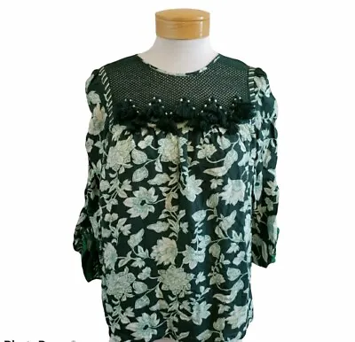Vineet Bahl Linen Blend Green Floral Tassel Crochet Balloon Sleeve Blouse S • $38.99