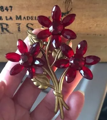 Vintage 40s Plastic Rhinestone Lucite Red Flower Bouquet Brooch Large 3.75” EUC! • $38