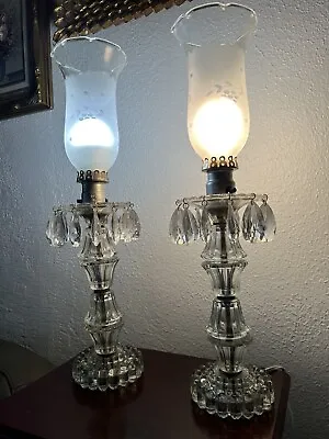 Boudoir Hurricane Lead Crystal Tassel Prisms Grape Leaf Frosted Hobnail Lamps • $75