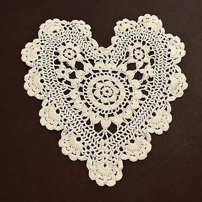 Vintage Heart Lace Crocheted Doily Ecru Beige Floral Flowers Trivet Hot Pad • $9.99
