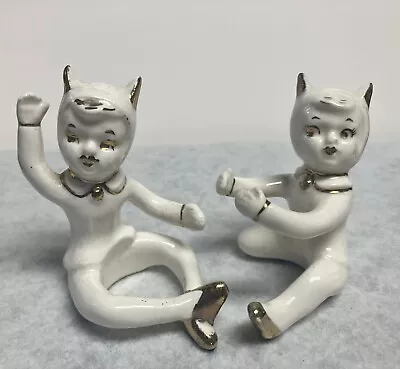 Vintage JAPAN WHITE PIXIE ELF CAT DEVIL GIRL PORCELAIN CANDLE HUGGERS-Gold Trim • $59.99