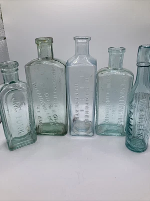 £15 • Buy 5 Old Aqua Glass Chemist Bottles With Writing On/advertising