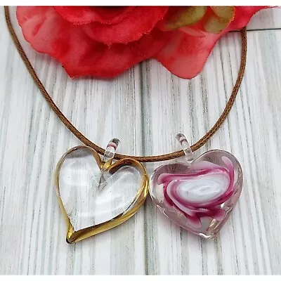 Lot Of 2 Glass Heart Pendants Gold Trim & Pink Rose & Brown Cord Chain 17.5  • $9.99