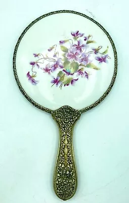 Antique Porcelain And German Silver Hand Mirror Violet Clusters Beveled Glass • $45